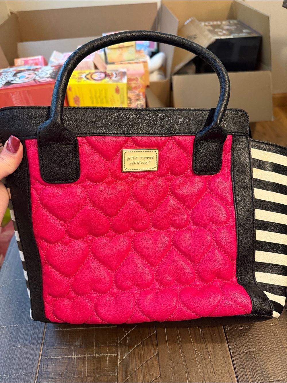 Betsey Johnson Hot Pink Quilted Heart Tote with Black & White Stripe Sides